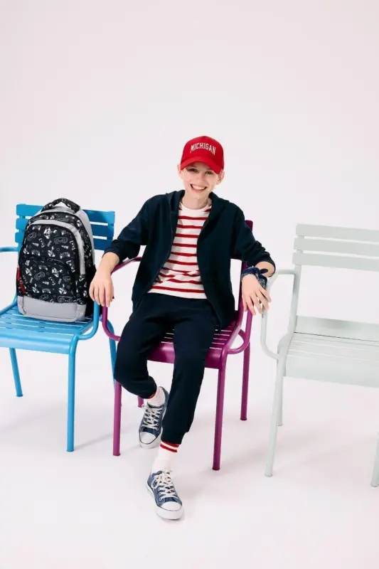 Boys' Navy Blue Hooded Zipper School Jacket T7468A624AU - 1