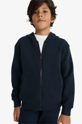 Boys' Navy Blue Hooded Zipper School Jacket T7468A624AU - 3
