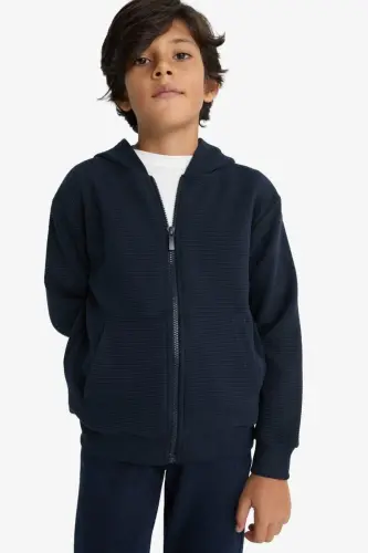 Boys' Navy Blue Hooded Zipper School Jacket T7468A624AU - 6