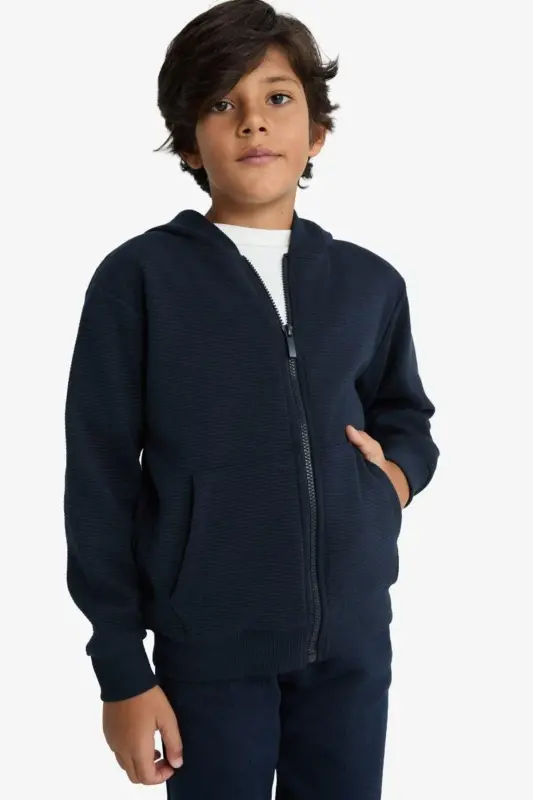 Boys' Navy Blue Hooded Zipper School Jacket T7468A624AU - 7