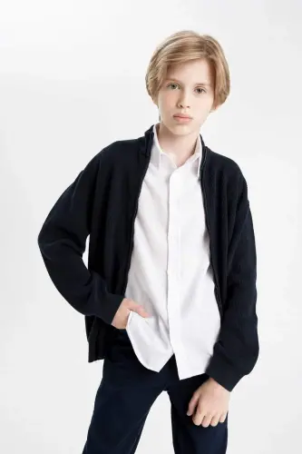 Boys' Navy Half Fisherman Collar Knit School Cardigan X5975a623au - 1