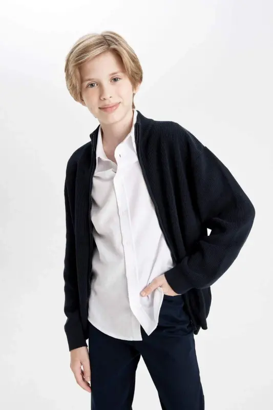 Boys' Navy Half Fisherman Collar Knit School Cardigan X5975a623au - 3