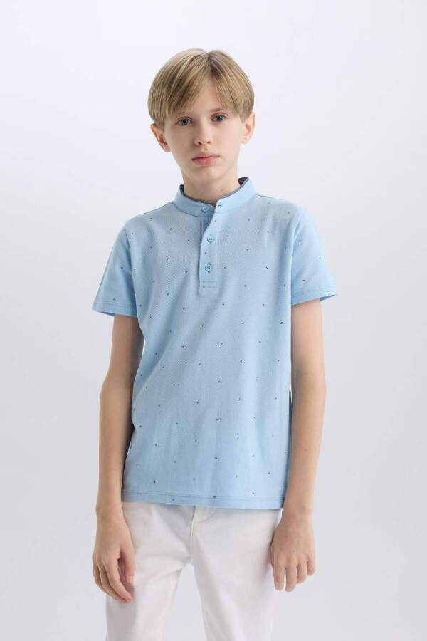Boys' Notched Collar Patterned Pique Short Sleeve Polo T-Shirt Light Blue - 1