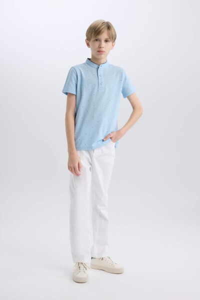 Boys' Notched Collar Patterned Pique Short Sleeve Polo T-Shirt Light Blue - DEFACTO (1)