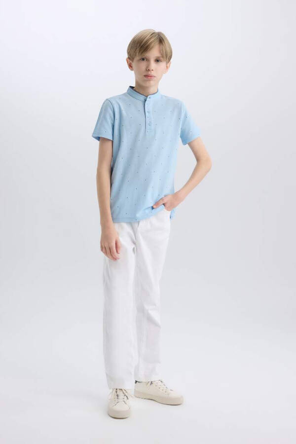 Boys' Notched Collar Patterned Pique Short Sleeve Polo T-Shirt Light Blue - 2