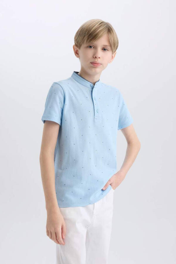 Boys' Notched Collar Patterned Pique Short Sleeve Polo T-Shirt Light Blue - 3