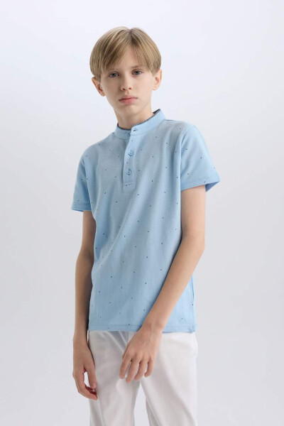 Boys' Notched Collar Patterned Pique Short Sleeve Polo T-Shirt Light Blue - 4