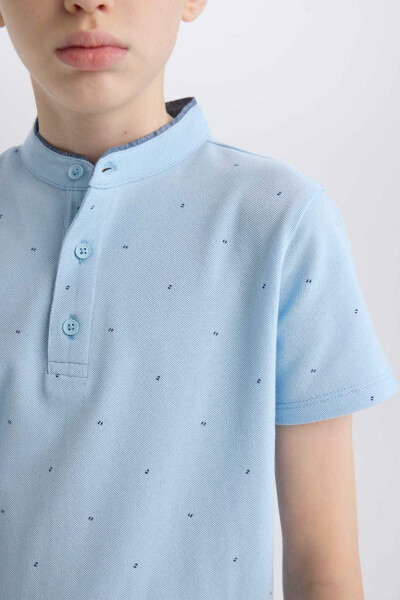 Boys' Notched Collar Patterned Pique Short Sleeve Polo T-Shirt Light Blue - 5