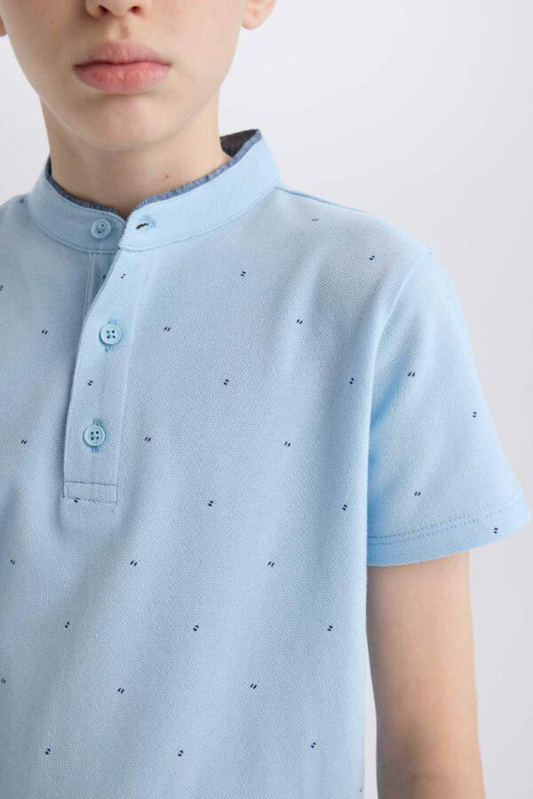 Boys' Notched Collar Patterned Pique Short Sleeve Polo T-Shirt Light Blue - 5