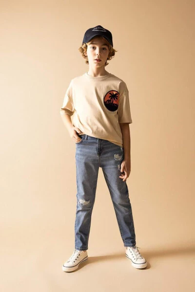Boy's Oversize Fit Crew Neck Printed Short Sleeve T-Shirt Beige - Defacto (1)