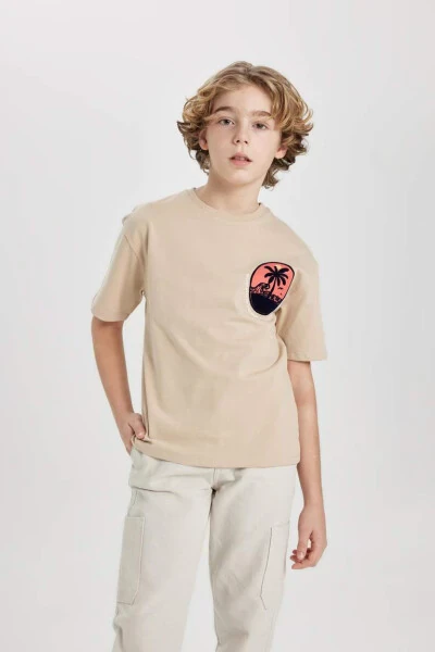 Boy's Oversize Fit Crew Neck Printed Short Sleeve T-Shirt Beige - 4