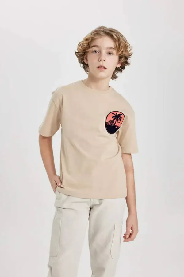 Boy's Oversize Fit Crew Neck Printed Short Sleeve T-Shirt Beige - 4