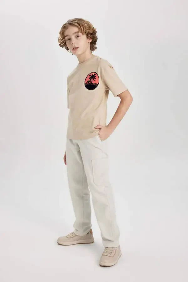 Boy's Oversize Fit Crew Neck Printed Short Sleeve T-Shirt Beige - 5