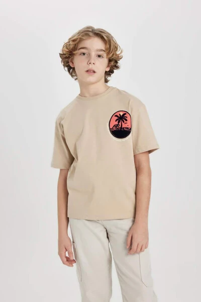 Boy's Oversize Fit Crew Neck Printed Short Sleeve T-Shirt Beige - 6