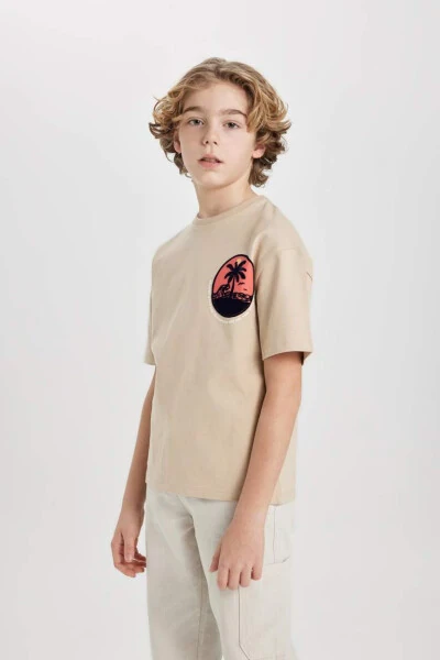 Boy's Oversize Fit Crew Neck Printed Short Sleeve T-Shirt Beige - 7