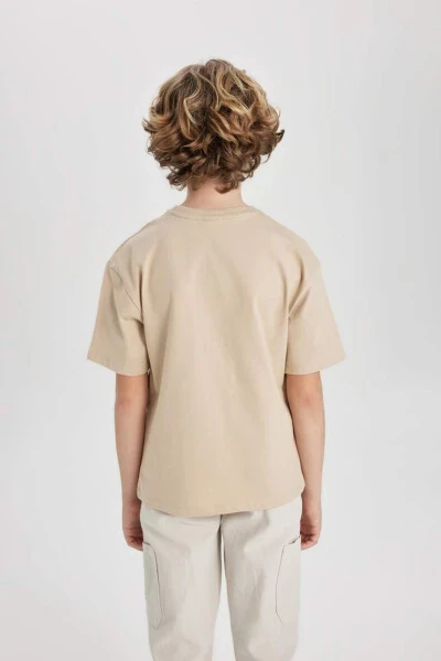 Boy's Oversize Fit Crew Neck Printed Short Sleeve T-Shirt Beige - 9