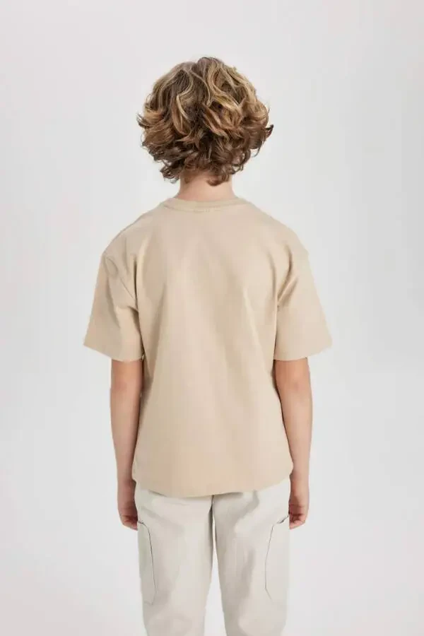 Boy's Oversize Fit Crew Neck Printed Short Sleeve T-Shirt Beige - 9