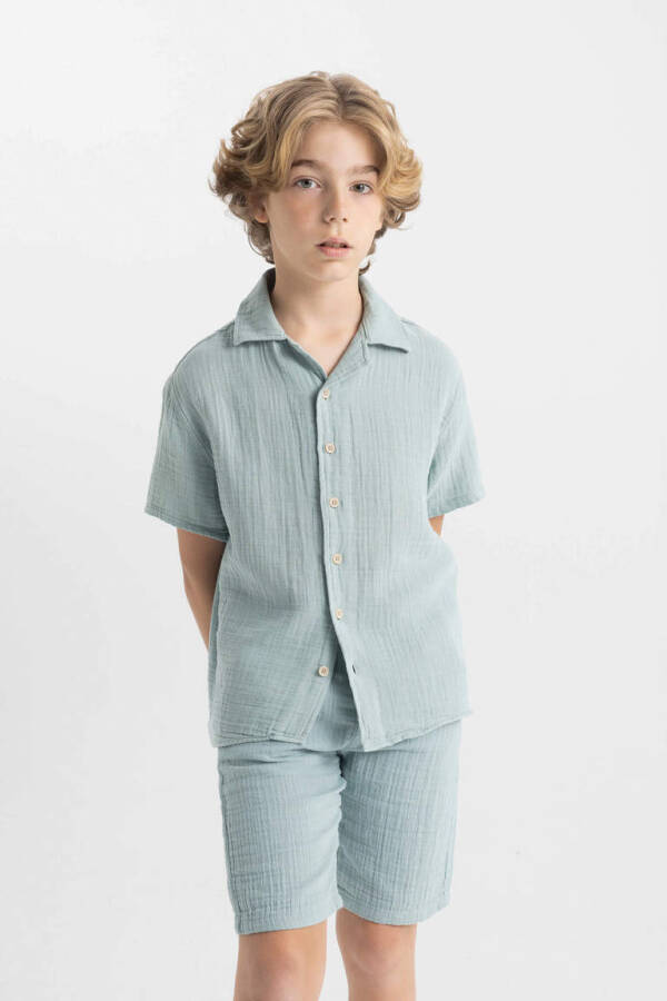 Boys' Oversize Fit Polo Collar Muslin Short Sleeve Shirt Light Green - 1