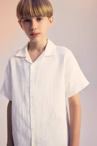 Boys Oversize Fit Polo Collar Muslin Short Sleeve Shirt White - 1