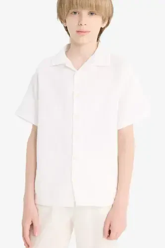 Boys Oversize Fit Polo Collar Muslin Short Sleeve Shirt White - 6