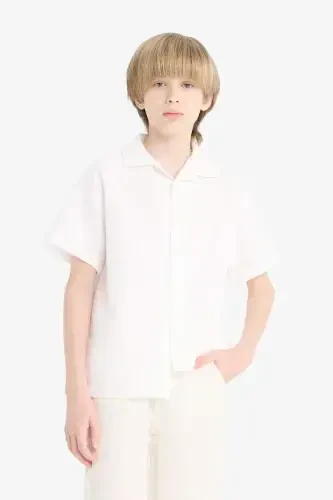 Boys Oversize Fit Polo Collar Muslin Short Sleeve Shirt White - 7