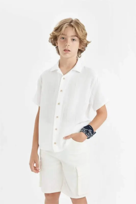 Boys Oversize Fit Polo Collar Muslin Short Sleeve Shirt White - 4