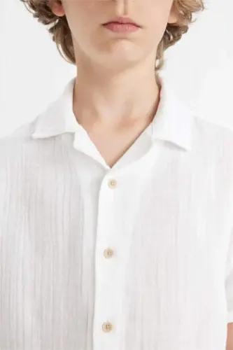 Boys Oversize Fit Polo Collar Muslin Short Sleeve Shirt White - 6