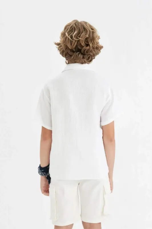 Boys Oversize Fit Polo Collar Muslin Short Sleeve Shirt White - 7