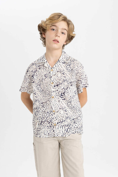 Boys' Oversize Fit Polo Collar Patterned Viscose Short Sleeve Shirt Ecru - 1