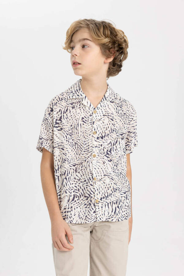 Boys' Oversize Fit Polo Collar Patterned Viscose Short Sleeve Shirt Ecru - 3