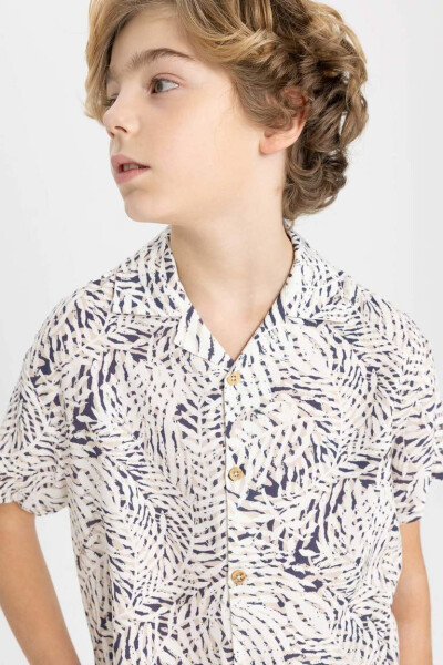 Boys' Oversize Fit Polo Collar Patterned Viscose Short Sleeve Shirt Ecru - 4