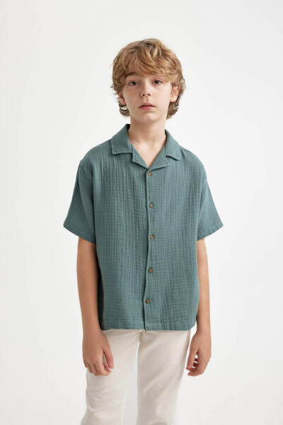 Boys' Oversize Fit Polo Collar Waffle Short Sleeve Shirt Green - 4