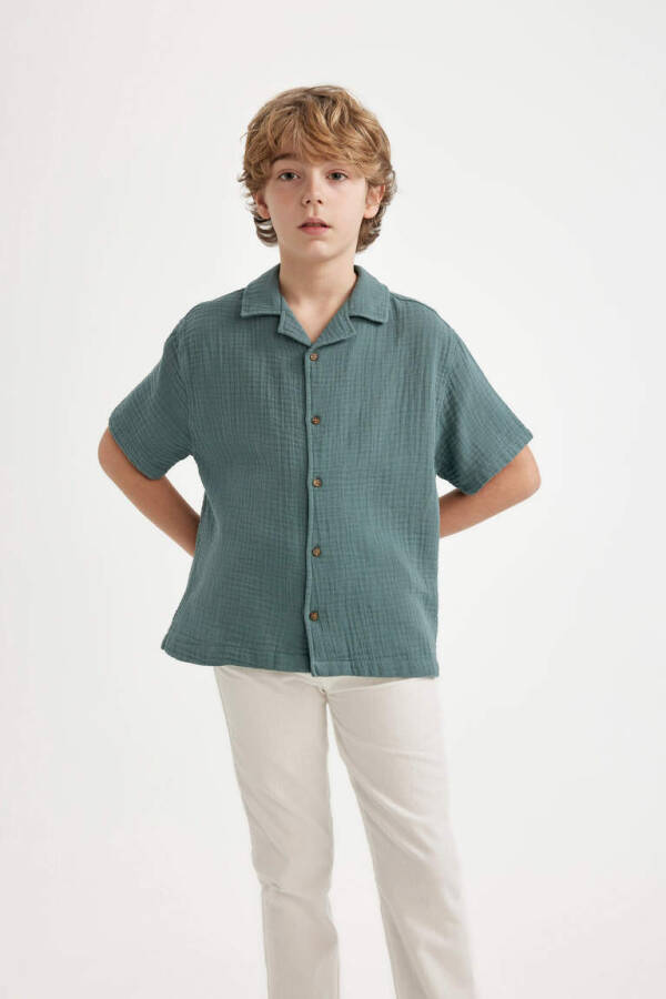 Boys' Oversize Fit Polo Collar Waffle Short Sleeve Shirt Green - 6