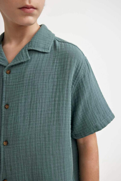 Boys' Oversize Fit Polo Collar Waffle Short Sleeve Shirt Green - 7