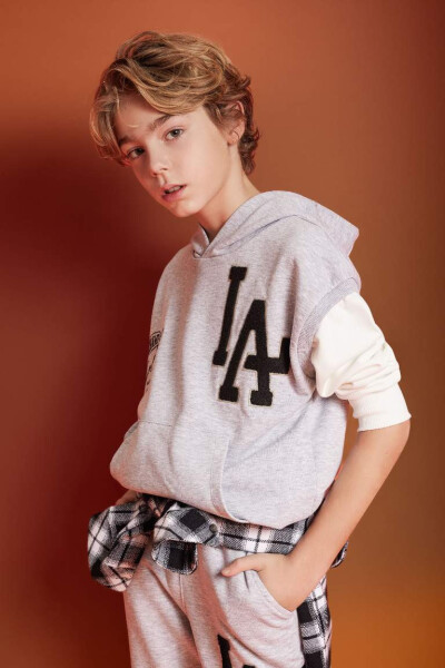 Boy's Oversize Loose Embroidered Hooded Sweatshirt Gray Melange - 3