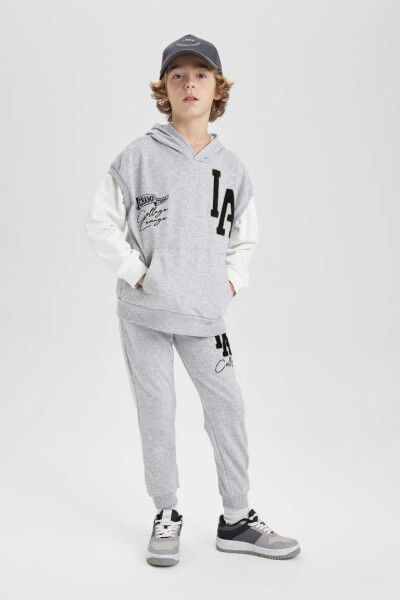 Boy's Oversize Loose Embroidered Hooded Sweatshirt Gray Melange - 5