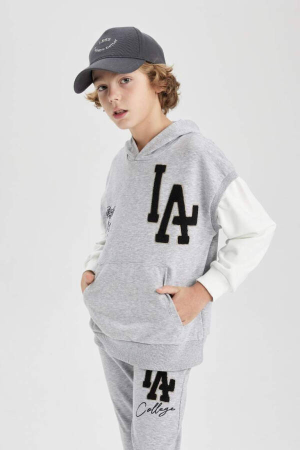 Boy's Oversize Loose Embroidered Hooded Sweatshirt Gray Melange - 6