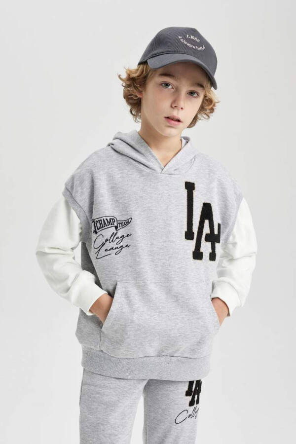 Boy's Oversize Loose Embroidered Hooded Sweatshirt Gray Melange - 7