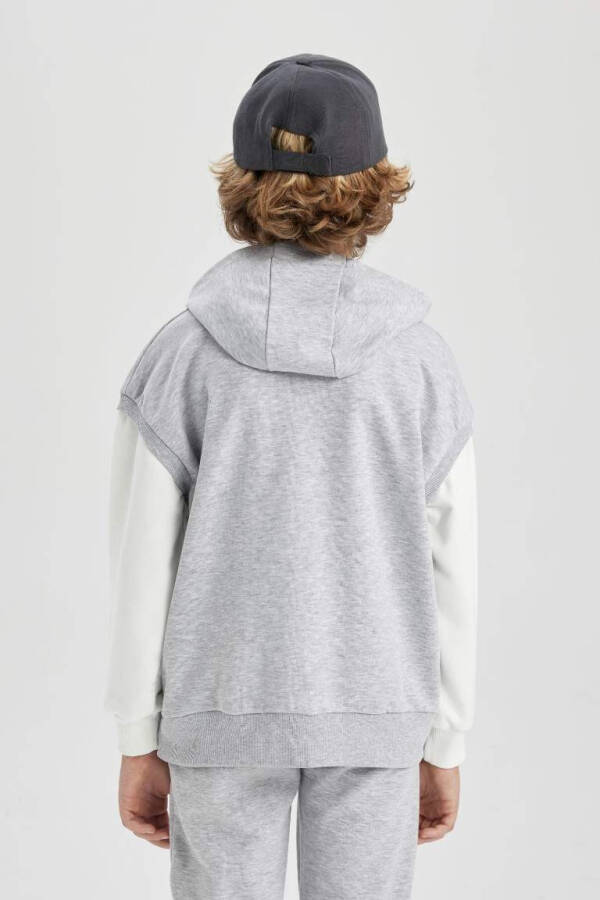 Boy's Oversize Loose Embroidered Hooded Sweatshirt Gray Melange - 10