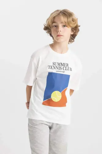 Boys Oversize Wide Fit Crew Neck Printed Short Sleeve T-Shirt-Ecru - 3
