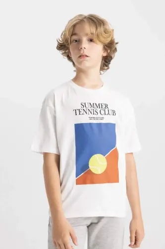 Boys Oversize Wide Fit Crew Neck Printed Short Sleeve T-Shirt-Ecru - 4
