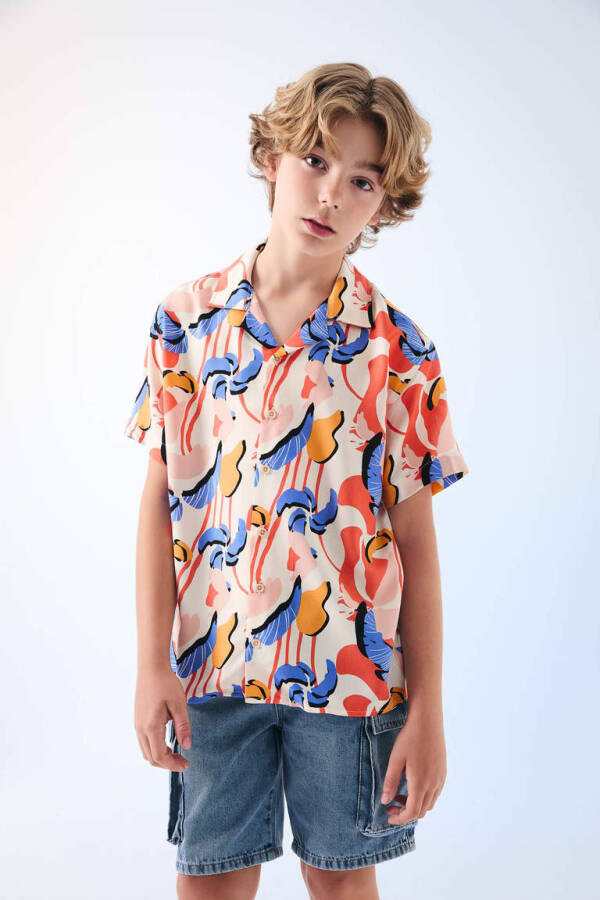 Boys' Oversized Fit Polo Collar Patterned Viscose Short Sleeve Shirt Ecru - 2