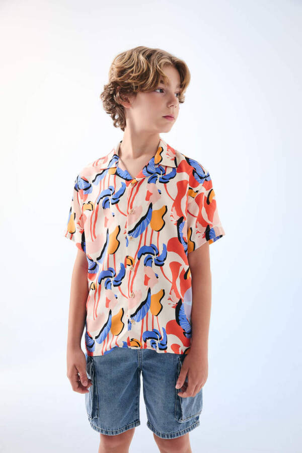 Boys' Oversized Fit Polo Collar Patterned Viscose Short Sleeve Shirt Ecru - 4