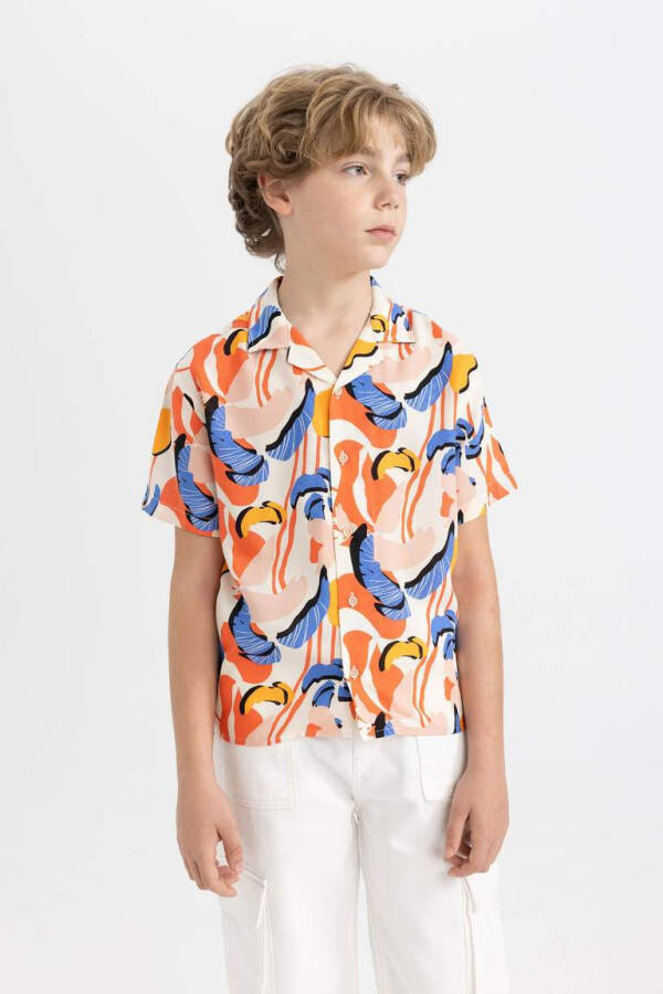 Boys' Oversized Fit Polo Collar Patterned Viscose Short Sleeve Shirt Ecru - 5