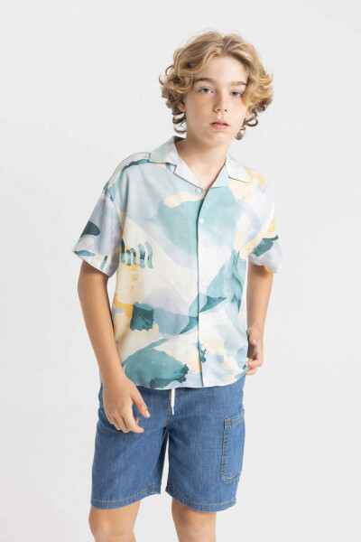 Boys' Oversized Fit Polo Collar Viscose Short Sleeve Shirt Light Green - 3