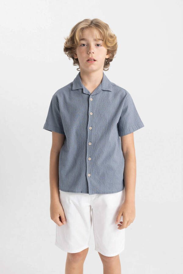 Boys Oversized Fit Polo Collar Waffle Texture Short Sleeve Shirt Grey - 1