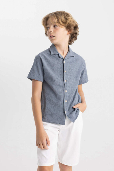 Boys Oversized Fit Polo Collar Waffle Texture Short Sleeve Shirt Grey - 3