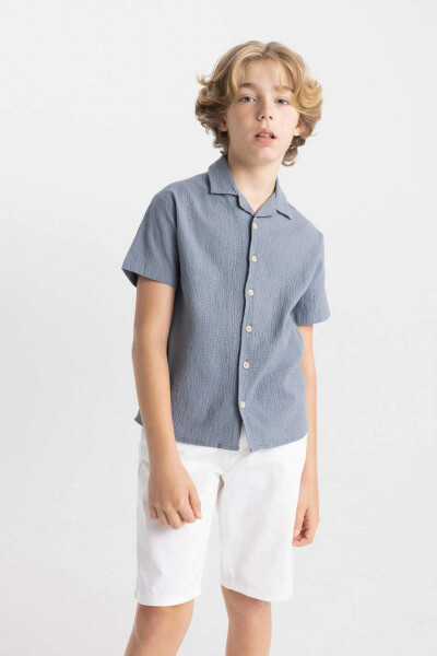 Boys Oversized Fit Polo Collar Waffle Texture Short Sleeve Shirt Grey - 4