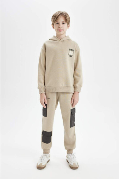 Boys' Oversized Loose Fit Back Print Hoodie Beige - 2