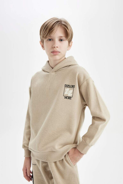 Boys' Oversized Loose Fit Back Print Hoodie Beige - 3